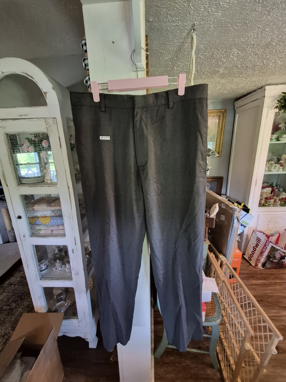 grey dress pants from Banana Republic, sized 34x34. These feature a classic flat